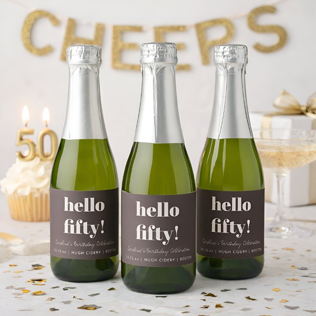 Bold Earthy Brown Modern 50th Birthday Custom Mini Sparkling Wine Label (Creator Uploaded)