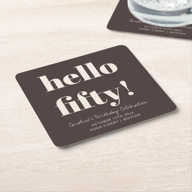 Bold Earthy Brown Modern 50th Birthday Custom Square Paper Coaster (Angled)