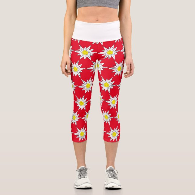 Bold Edelweiss Floral Pattern Red Capri Leggings (Front)