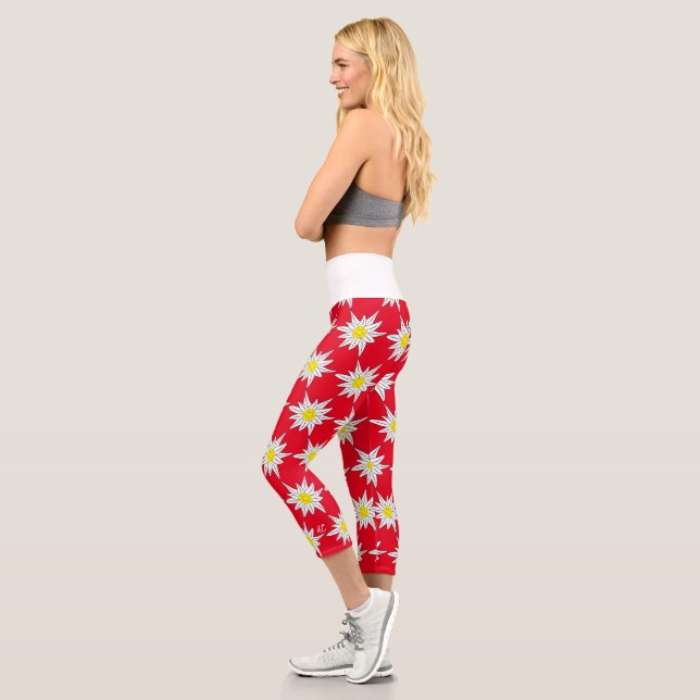 Bold Edelweiss Floral Pattern Red Capri Leggings (Left)