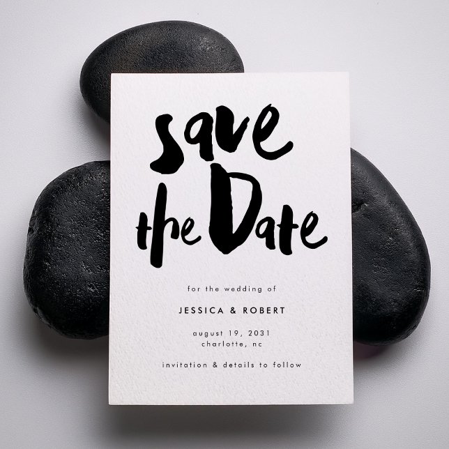 Bold Edgy Modern Black Brush Script Wedding Save The Date (Creator Uploaded)