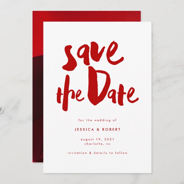 Bold Edgy Modern Red Brush Script Photo Wedding Save The Date (Front/Back)