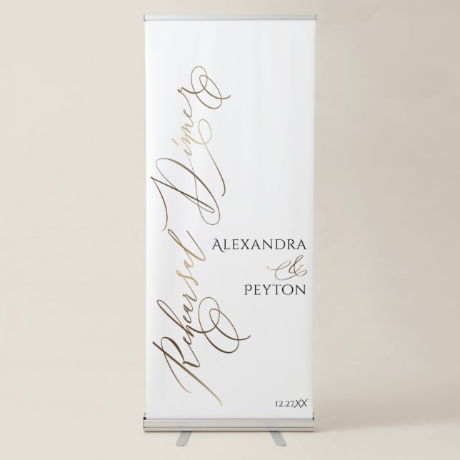 Bold Elaborate Gold Calligraphy Rehearsal Dinner Retractable Banner (Front)