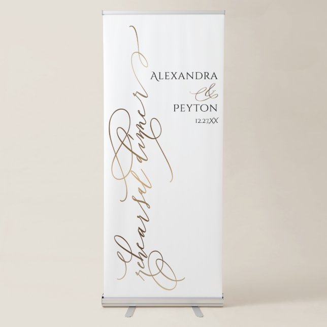 Bold Elaborate Gold Calligraphy Rehearsal Dinner Retractable Banner (Front)