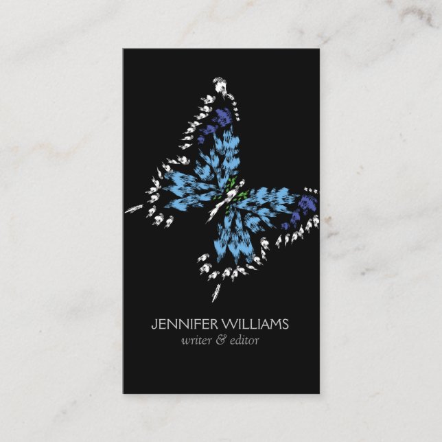 Bold Electric Blue Painted Butterfly on Black Business Card (Front)