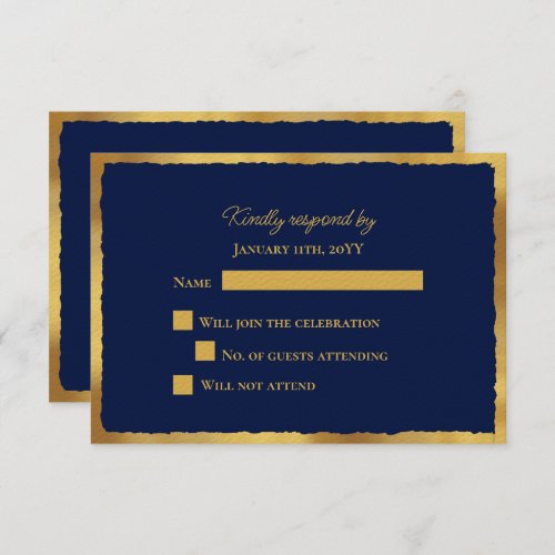 Bold Elegance Luxe Gold Edge Navy Blue Wedding RSVP Card