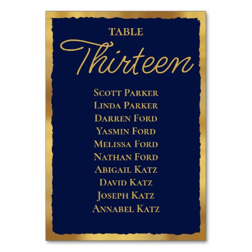 Bold Elegance Navy Blue Gold Edge Seating Chart Table Number