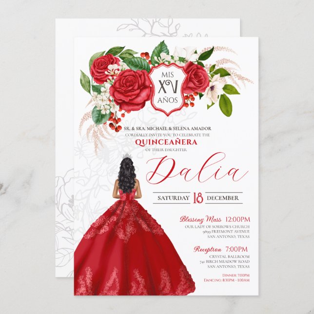 Bold Elegance Red Rose Crest Formal Quinceanera Invitation (Front/Back)