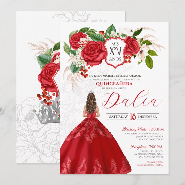 Bold Elegance Red Roses Floral Crest Quinceanera Invitation (Front/Back)