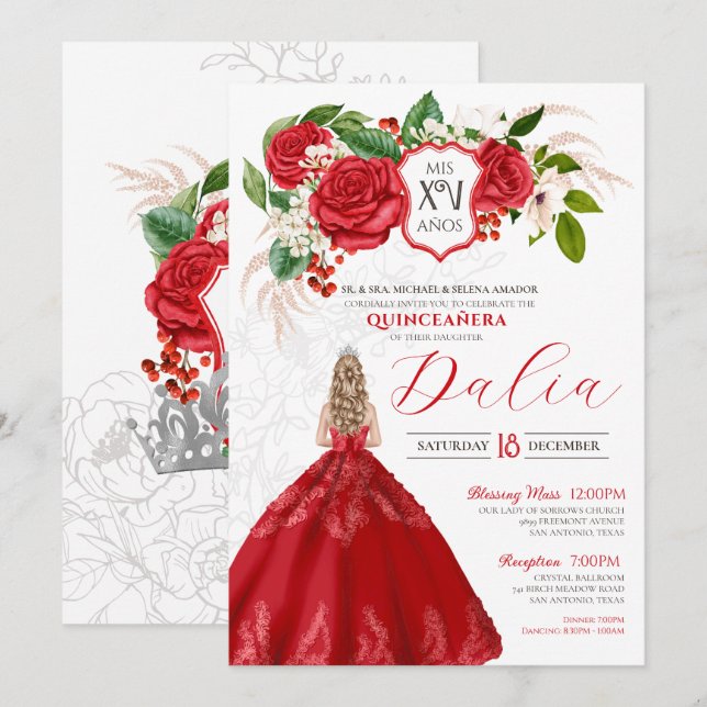 Bold Elegance Red Roses Floral Crest Quinceanera Invitation (Front/Back)