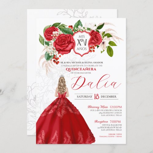 Bold Elegance Red Roses Floral Crest Quinceanera Invitation