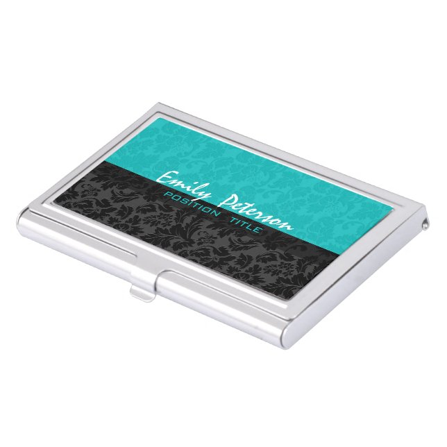Bold Elegant Black And Turquoise Floral Damasks Business Card Holder (Front)