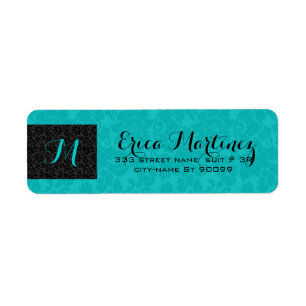 Bold Elegant Black And Turquoise Floral Damasks Label