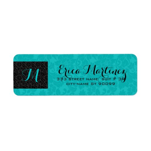 Bold Elegant Black And Turquoise Floral Damasks Label