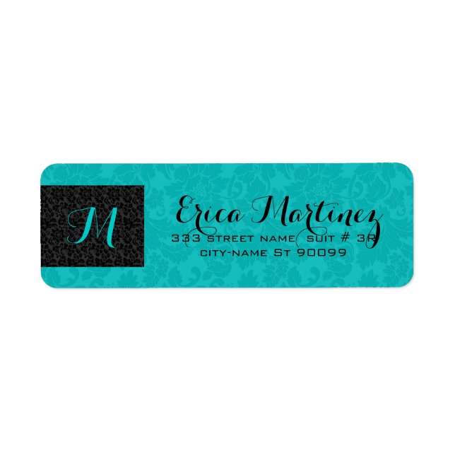 Bold Elegant Black And Turquoise Floral Damasks Label (Front)