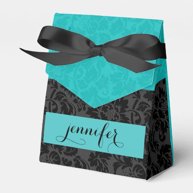 Bold Elegant Black & Turquoise Floral Damasks Favor Boxes (Front Side)