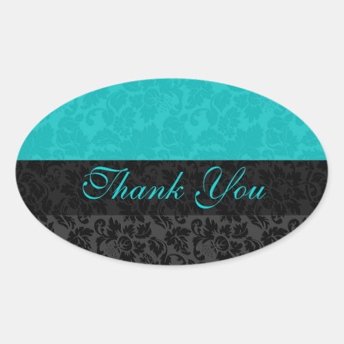 Bold Elegant Black  Turquoise Floral Damasks Oval Sticker