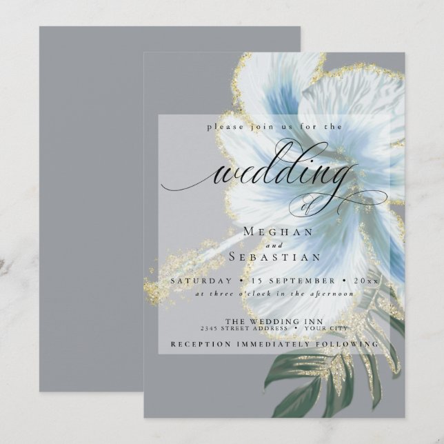 Bold Elegant Dusty Blue Floral Wedding Invitation (Front/Back)