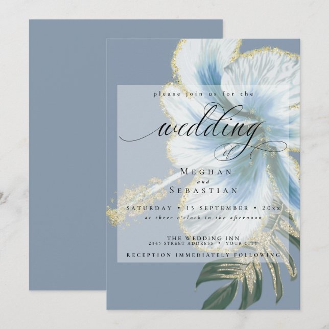 Bold Elegant Dusty Blue Floral Wedding Invitation (Front/Back)