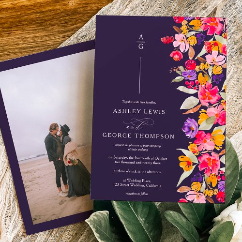 Bold elegant fall floral watercolor photo wedding invitation