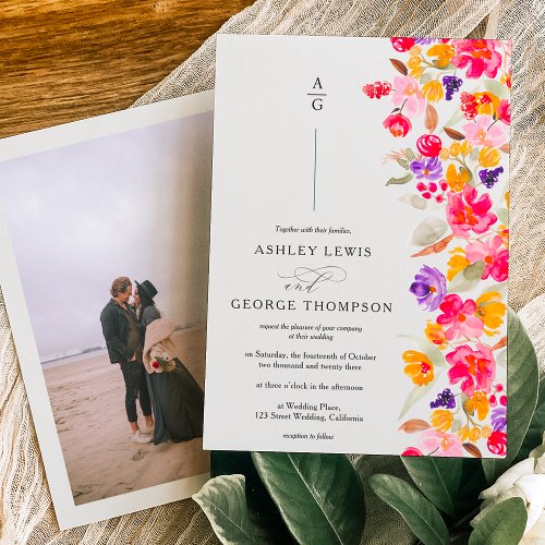 Bold elegant fall floral watercolor photo wedding invitation