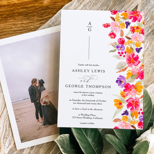 Bold elegant fall floral watercolor photo wedding invitation