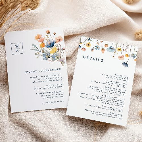 Bold Elegant Floral Monogram Crest Wedding Details Invitation