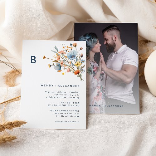 Bold Elegant Floral Monogram Wedding Photo Invitation