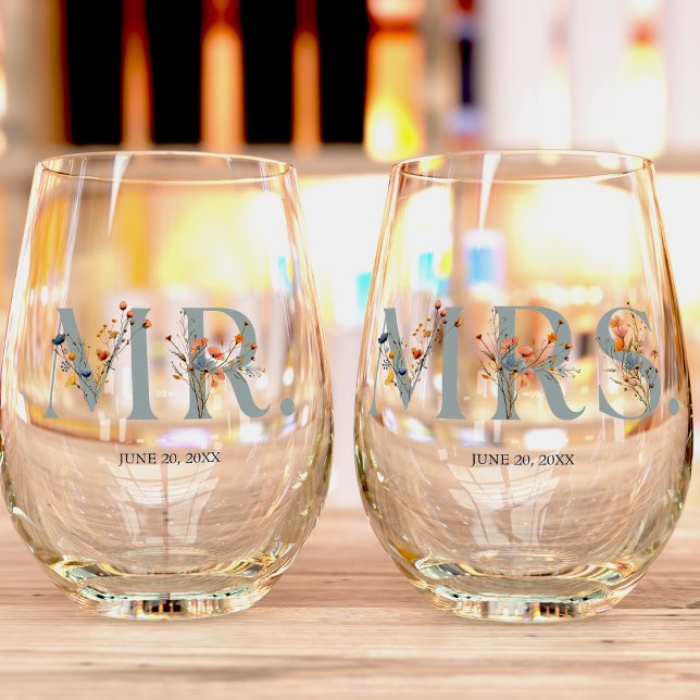 Bold Elegant Floral Wedding Mr. and Mrs. Stemless Wine Glass (Creator Uploaded)