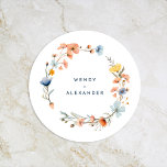 Bold Elegant Floral Wedding Round Paper Coaster<br><div class="desc">Introducing our Bold Elegant Floral Wedding Round Paper Coaster Design, a modern celebration of nature's artistry, featuring colorful floral watercolor arrangements in lovely hues of blush pink, navy and dusty blue, peach, and yellow with soft eucalyptus greenery beautifully set against a simple pristine white canvas with minimalist dark blue typography,...</div>