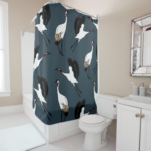 Bold Elegant Japanese Cranes Dark Navy Blue Shower Curtain