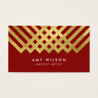 Bold Elegant Red Faux Gold Geometric Makeup Artist Business Card