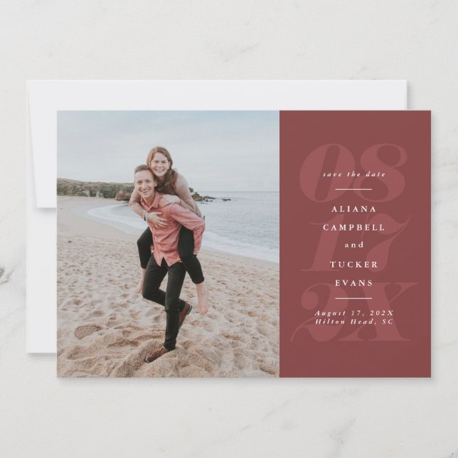 Bold elegant terracotta red photo save the date (Front)
