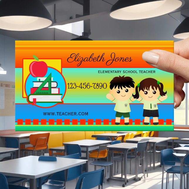 Bold Elementary School Teacher Business Card (Business card in bold colors with kids - primary school or elementary teacher - colorful - whimsical)