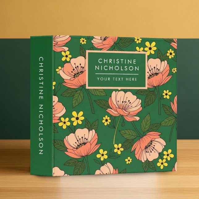 Bold Emerald Green and Peach Modern Floral Pattern 3 Ring Binder (Creator Uploaded)