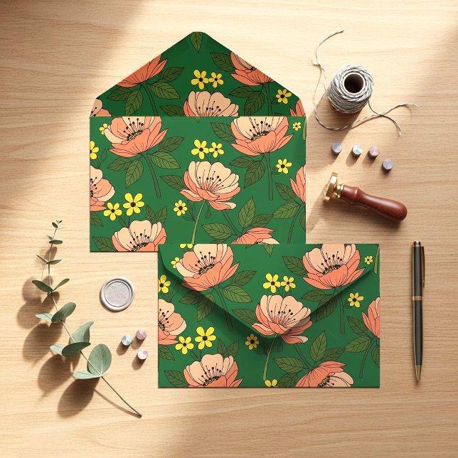 Bold Emerald Green and Peach Modern Floral Pattern Envelope (Creator Uploaded)
