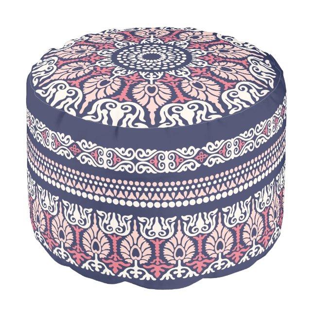 Bold Ethnic rustic modern mandala boho chic Indian Pouf (Angled Front)