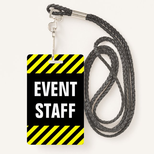 Bold "EVENT STAFF" + Black & Yellow Stripes Badge (Back with Lanyard)