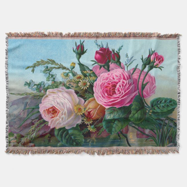 Bold Expressions Vintage Roses Flowers Pattern Throw Blanket (Front)