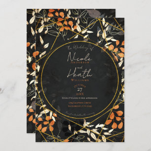 Bold Fall Dark Floral Orange Gold Wedding Invitation