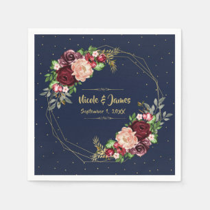 Bold Fall Floral Navy Blue Gold & Burgundy Wedding Napkins