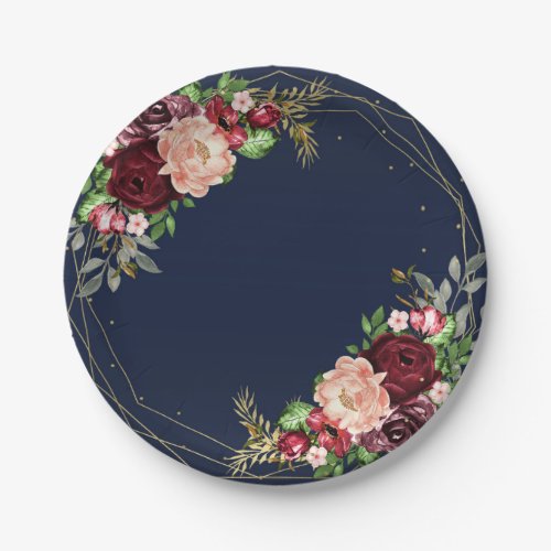 Bold Fall Floral Navy Blue Gold  Burgundy Wedding Paper Plates