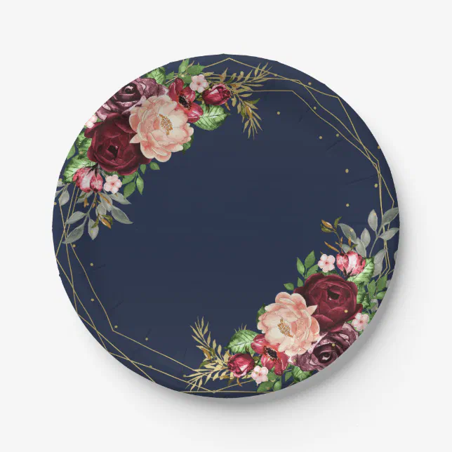 Bold Fall Floral Navy Blue Gold & Burgundy Wedding Paper Plates | Zazzle
