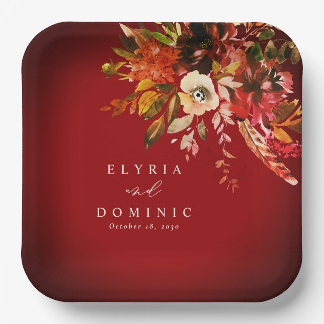 Bold Fall Floral Over Burnt Red Wedding Paper Plates (Front)