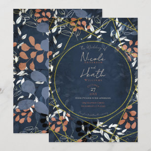 Bold Fall Floral Terracotta Blue Gold Wedding   Invitation