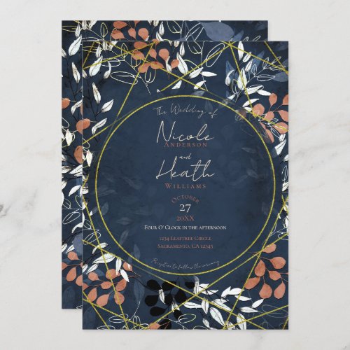 Bold Fall Floral Terracotta Blue Gold Wedding   Invitation