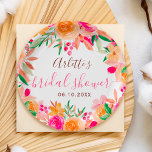 Bold fall floral watercolor bridal shower welcome paper plates<br><div class="desc">Modern girly bold floral watercolor bridal shower napkin with bright orange,  peach,  pink,  and green flowers bouquet and elegant script font.</div>