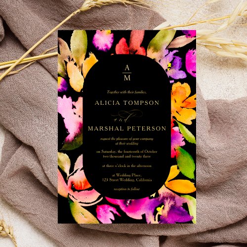Bold fall oversize floral watercolor photo wedding foil invitation