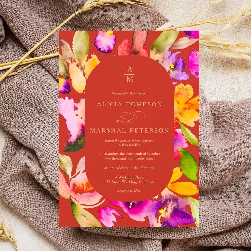 Bold fall oversize floral watercolor photo wedding invitation