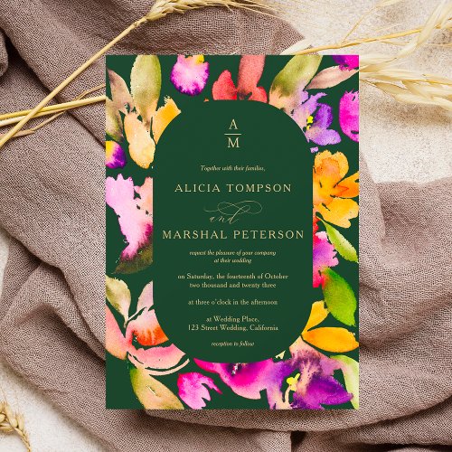 Bold fall oversize floral watercolor photo wedding invitation